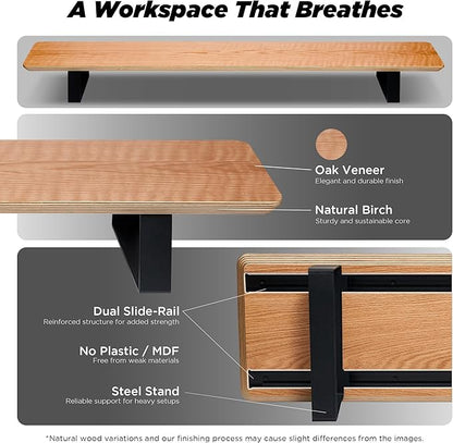 Moodular Wooden Monitor Stand 45.6” (116cm) Large Desk Organizer with Metal Slide Rails for Drawer, Tray, Laptop, Tablet, Phone & Headphones Customizable Riser for Organized Workspace Oak
