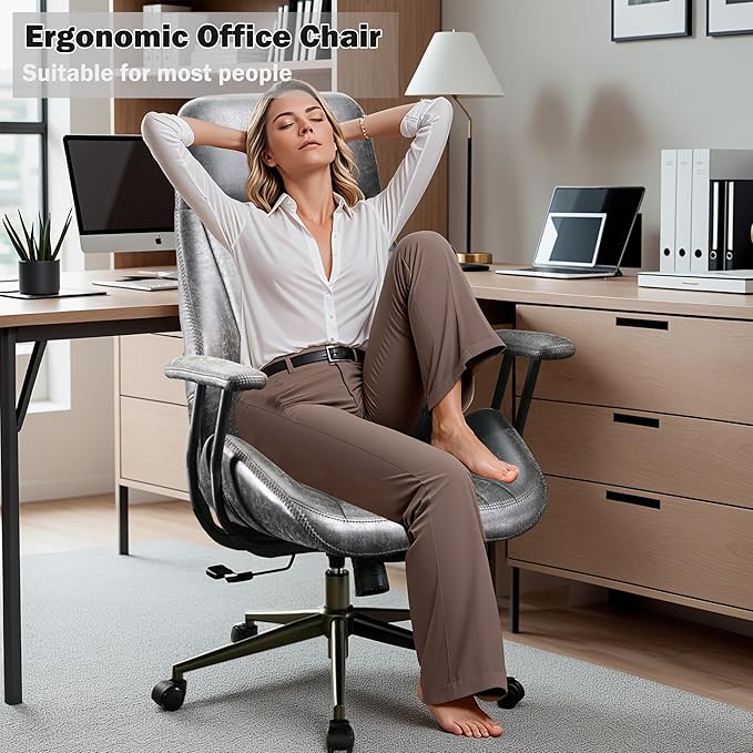 High Back Padded Headrest Office Chair, Ergonomic Executive Office Chair with Lumbar Support, Adjustable Height Home Office Desk Chair with Armrests, Rolling Swivel Computer Gaming Chair,Dark Grey