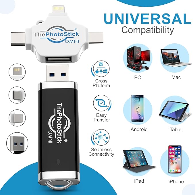 ThePhotoStick® Omni 128GB USB Flash Drive & Memory Stick – Photo & Video Backup for iPhone, Android, Mac & PC – Multiport Connection to Easily Store & Transfer Files