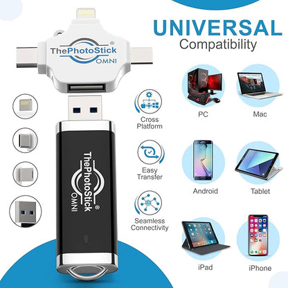 ThePhotoStick® Omni 128GB USB Flash Drive & Memory Stick – Photo & Video Backup for iPhone, Android, Mac & PC – Multiport Connection to Easily Store & Transfer Files