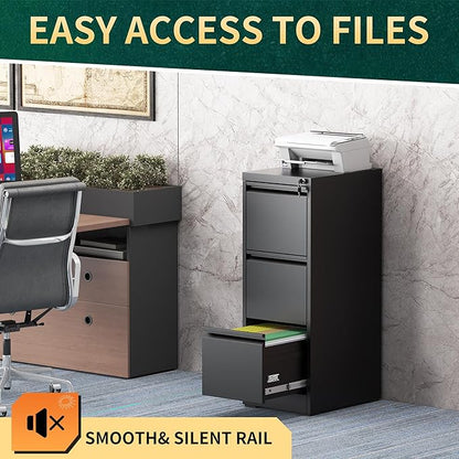 3 Drawer File Cabinet with Lock, Steel Vertical Filing Storage Cabinet for Home Office, Heavy-Duty File Cabinets for Letters/Legal/A4 (Require Assembly, Black)