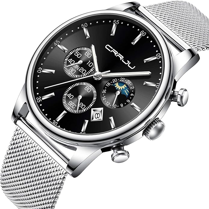 CRRJU Men's Fashion Casual Watches Auto Date Chronograph Watch Men Nice Work Watches Waterproof 30M Full Steel Quartz with Mesh Strap