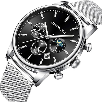 CRRJU Men's Fashion Casual Watches Auto Date Chronograph Watch Men Nice Work Watches Waterproof 30M Full Steel Quartz with Mesh Strap