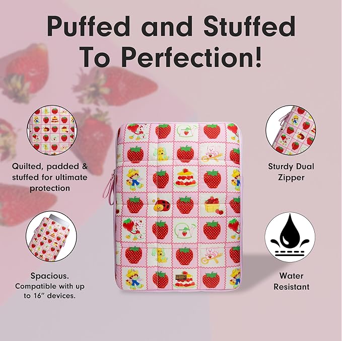 Sonix | Puffy Laptop Sleeve | 15-16 Inch, Quilted Pillow Puffer Laptop Carrying Case, Computer Sleeve | Strawberry Shortcake Checkered