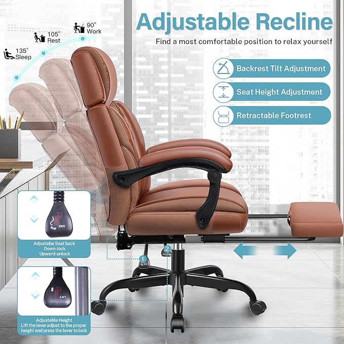 Executive Leather Office Chair, Big and Tall Office Chair with Footrest Home Office Desk Chairs, Ergonomic Computer Desk Chair with Lumbar Support, Reclining Desk Chair with Adjustable Angle