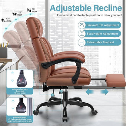 Executive Leather Office Chair, Big and Tall Office Chair with Footrest Home Office Desk Chairs, Ergonomic Computer Desk Chair with Lumbar Support, Reclining Desk Chair with Adjustable Angle