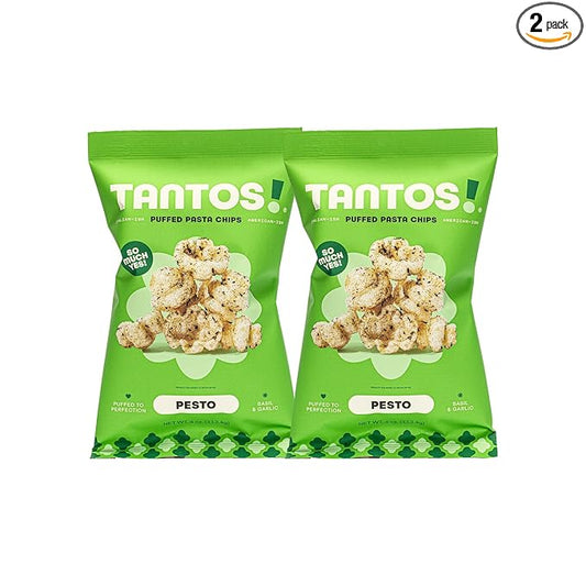 Tantos! Puffed Pasta Chips, Healthy Pasta Snack by Top Chef Joe Sasto, As Seen on Shark Tank, Plant Based, Low Calorie, Crunchy Chips, Variety Pack, Marinara, Pesto, Cacio e Pepe, Classico, Gourmet Bold Flavors, 4 oz 2 Pack of Pesto