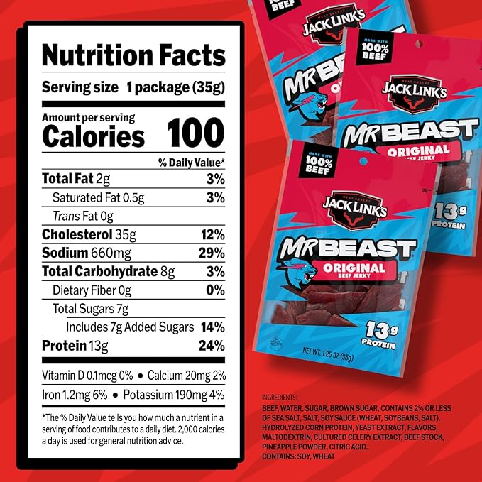 Jack Link’s x MrBeast Original Beef Jerky – 13g Protein per Serving, Made with 100% Real Beef, Pantry-Ready, Kids Snacks, Great Stocking Stuffers and Gifts, 10 Count of 1.25 oz Bags