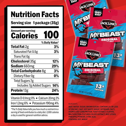 Jack Link’s x MrBeast Original Beef Jerky – 13g Protein per Serving, Made with 100% Real Beef, Pantry-Ready, Kids Snacks, Great Stocking Stuffers and Gifts, 10 Count of 1.25 oz Bags