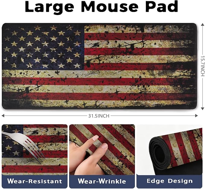 American Antique Flag Patterns Desk Mat, Large Gaming Mouse Pad Non-Slip Rubber Base with Stitched Edges, Waterproof Protection for PC Laptop Home Office Desk Decor (31.5x15.7in)