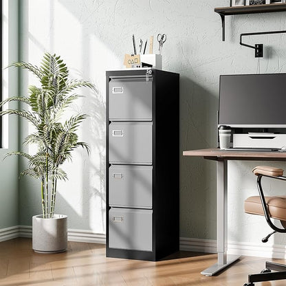 Metal Vertical File Storage Cabinet, 4 Drawer File Cabinet with Lock, 18" Deep Vertical Filing Cabinets for A4 Legal/Letter Size, Assembly Required (4 Drawer - Gray Black)