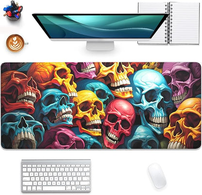 Scary Skeleton Mouse Pad Desk Pad,Colourful Skull Extended Gaming Mouse Mat with Stitched Edges Non-Slip Waterproof Rubber Base Mous Mat for Office Home Game Desk Pad(27.5X11.8 in)