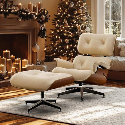 Top White Grain Leather, Mid Century Chaise Lounge Chair and Ottoman, Modern Chair Classic Design, Walnut Wood, Heavy Duty Base Support for Living Room Office
