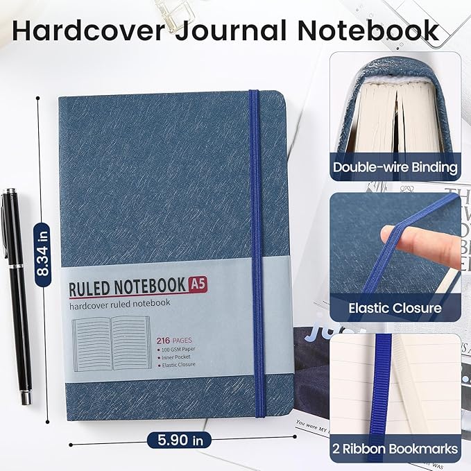 Lined Journal Notebook for Women Men 216 Pages A5 Hardcover Journals for Writing Daily Journaling Notebook for Work, School, Note Taking, Business, Travel Navy Blue