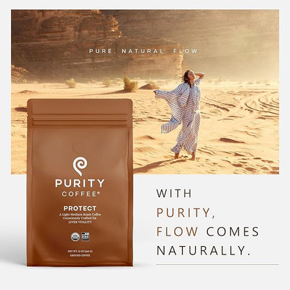 Purity Coffee PROTECT Light-Medium Roast Ground Coffee for Liver Vitality - USDA Organic and Third-Party Tested for Antioxidants, Mold, Mycotoxins and Pesticides - 12oz (Purity Protect, light_roast) | Ground| PROTECT