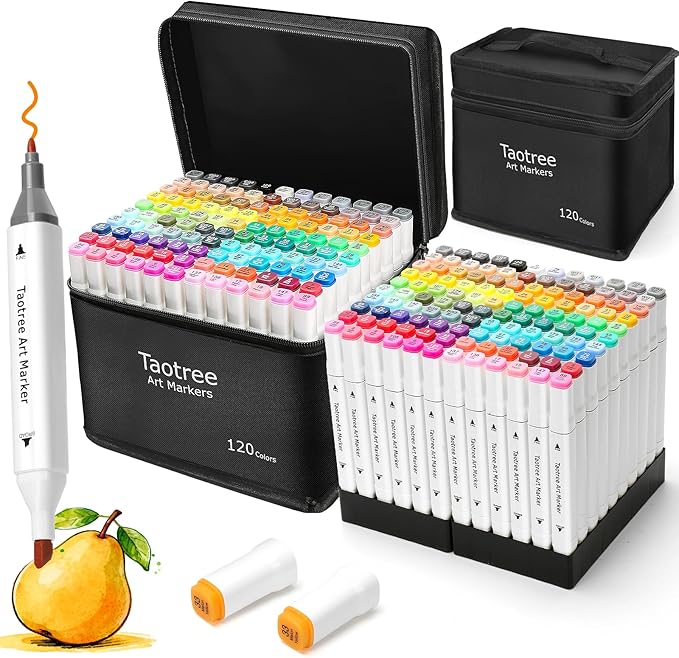Taotree Alcohol Markers 120 Colors with Case & Holders, Dual Tips Art Coloring Markers Pens, Chisel & Fine Sketch Pens Art Supplies for Artist Kids Adult Coloring Books Drawing, Painting, Sketching