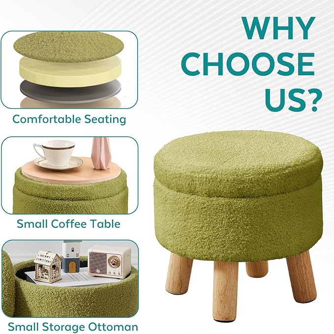 Small Foot Stool Ottoman with Storage, Sherpa Ottoman Foot Rest for Couch, Round Footstool with Storage, Small Ottomans and Footstools for Living Room and Entryway (Bright Green)
