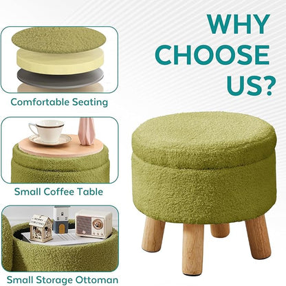 Small Foot Stool Ottoman with Storage, Sherpa Ottoman Foot Rest for Couch, Round Footstool with Storage, Small Ottomans and Footstools for Living Room and Entryway (Bright Green)
