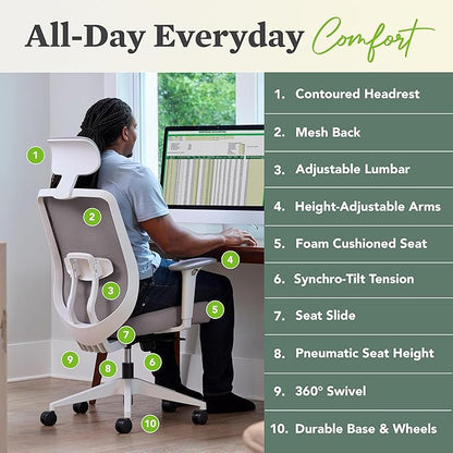 HON Altern Ergonomic Office Chair with Headrest, Arms, Wheels, Foam Cushion Seat, Mid Back Home Office Desk Chair Comfy, Height Adjustable Arms, Synchro-Tilt, White Frame, Apricot