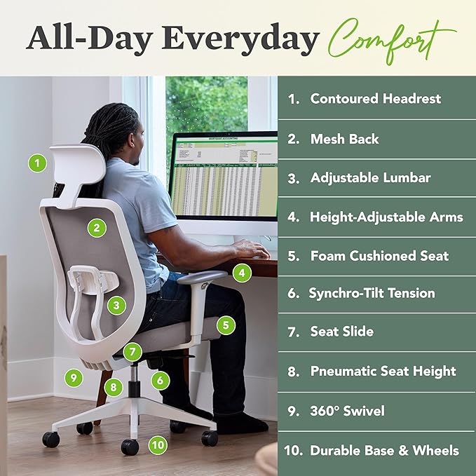 HON Altern Ergonomic Office Chair with Headrest, Arms, Wheels, Foam Cushion Seat, Mid Back Home Office Desk Chair Comfy, Height Adjustable Arms, Synchro-Tilt, White Frame, Black