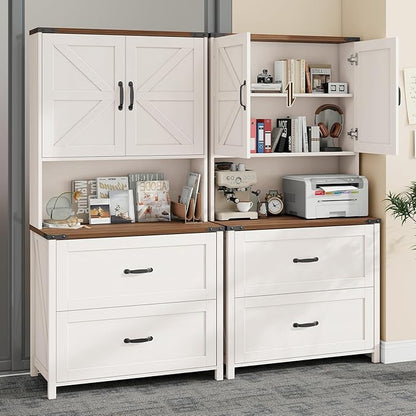 File Cabinet with 2 Drawer for Legal/Letter/A4 Size Hanging Files, Farmhouse Filing Cabinet with Adjustable Shelf, Large Wood File Cabinets for Home Office Printer Stand with Bookshelf, White