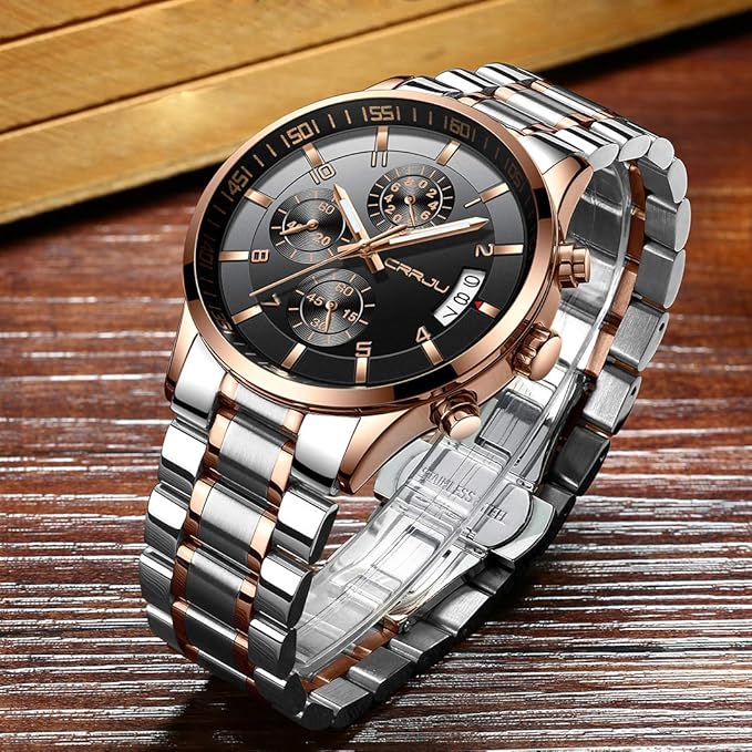 CRRJU Men's Fashion Stainless Steel Watches Date Waterproof Chronograph Wristwatches,Black Steel Band Waterproof Quartz Watch for Men