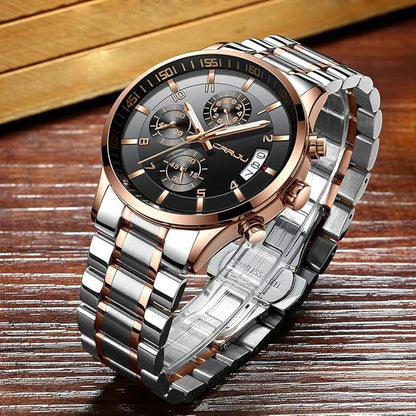 CRRJU Men's Fashion Stainless Steel Watches Date Waterproof Chronograph Wristwatches,Black Steel Band Waterproof Quartz Watch for Men
