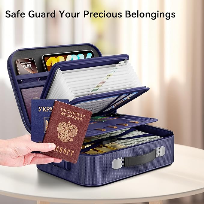 Fireproof Document Box, Hard Case Fireproof Box with Lock, Portable Hard-Shell Fireproof Water Resistant Document Safe for Important Documents, Laptops, Passports, Files and More (Blue)