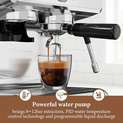 Kndko 20 Bar Espresso Machine with Grinder, Automatic Espresso Maker with PID Control & Milk Frother Steam Wand, Removable Water Tank – Barista-Style Lattes & Cappuccinos at Home (Silver)