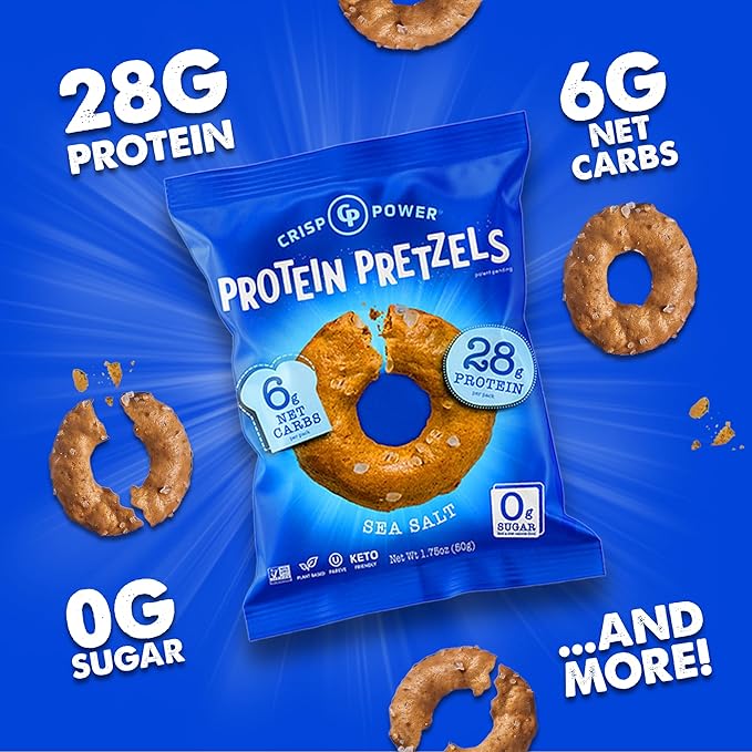 Crisp Power Protein Pretzels, Sea Salt, High Protein Vegan Keto Snack, 28 G Plant Based Protein, Low Carb Crunchy Pretzel Snacks, No Added Sugar, No Seed Oils, 1.75 oz Bags, 24 Pack