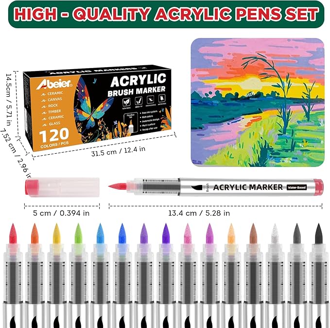 120 Colors Acrylic Paint Markers,Soft Brush Tip Paint Pens with Automatic Ink Control System,Quick Dry Waterproof Acrylic Paint Pens for Pumpkin,Wood,Metal,Fabric,Rock Painting with DIY Crafts