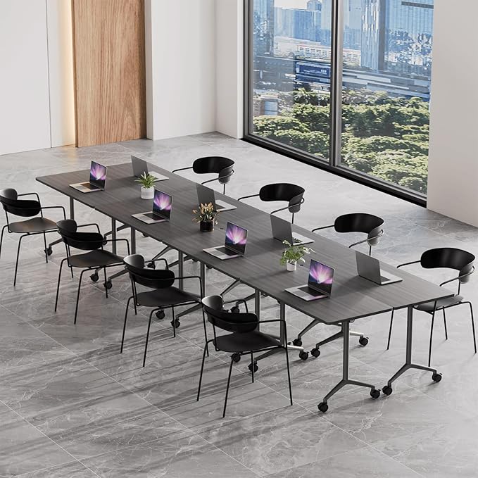 Conference Room Table, 55 Inch Folding Conference Tables with Wheels, Modern Office Meeting Table, Easy Flip & Nest Design, Rectangular Seminar Tables with Metal Frame for 2-24 People (N, 8PCS)