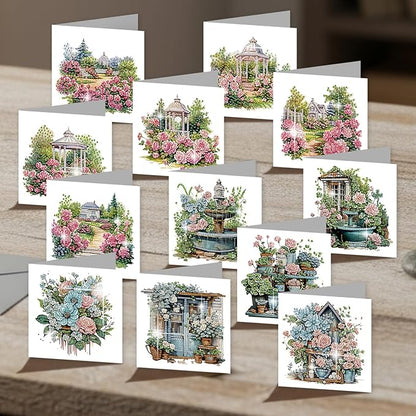 jinglinhh 12pcs Diamond Art Painting Garden Flowers Greeting Cards with Envelopes, DIY Card Making Kits for Adults, Diamond Art Postcards Christmas Cards Craft Gifts