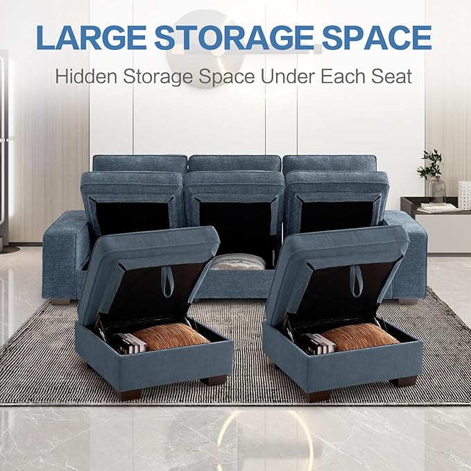 TEKAMON 100" Modular Sectional Sofa with Seats Storage, U Shaped Couch with Movable Ottomans, Chenille Fabric Couch for Living Room,Removable Cover(Blue, 3 Seater & 2 Ottomans- U Shape)