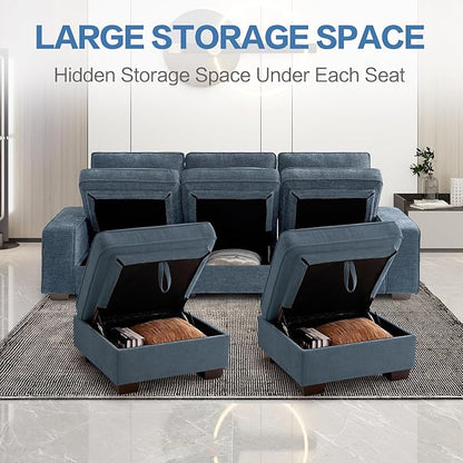 TEKAMON 100" Modular Sectional Sofa with Seats Storage, U Shaped Couch with Movable Ottomans, Chenille Fabric Couch for Living Room,Removable Cover(Blue, 3 Seater & 2 Ottomans- U Shape)