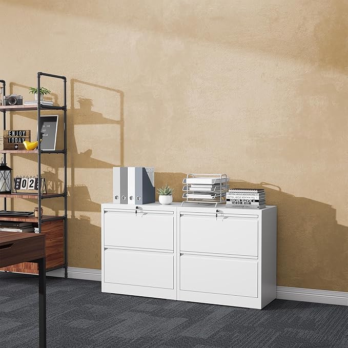 File Cabinet with Lock, 2 Drawer Lateral Filing Cabinets for Home Office, Metal Heavy Duty Steel Storage Cabinets for Hanging Letter/Legal/F4/A4 Size, Assembly Required White