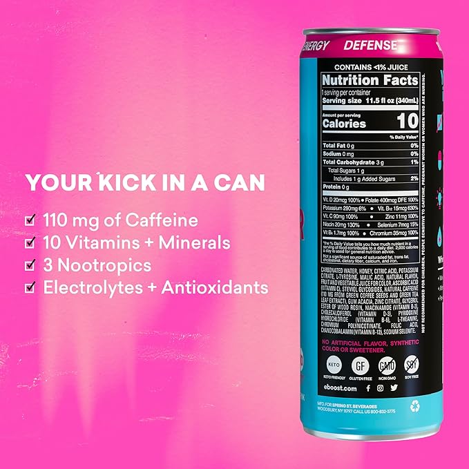 EBOOST Super Fuel Healthy Energy Drink - Caffeine from Natural & Clean Ingredients For Focus and Productivity -Taurine Free Pre-Workout With Electrolytes, Nootropic & Vitamins- Blue Raspberry 12 Pack