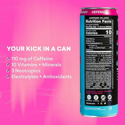 EBOOST Super Fuel Healthy Energy Drink - Caffeine from Natural & Clean Ingredients For Focus and Productivity -Taurine Free Pre-Workout With Electrolytes, Nootropic & Vitamins- Blue Raspberry 12 Pack