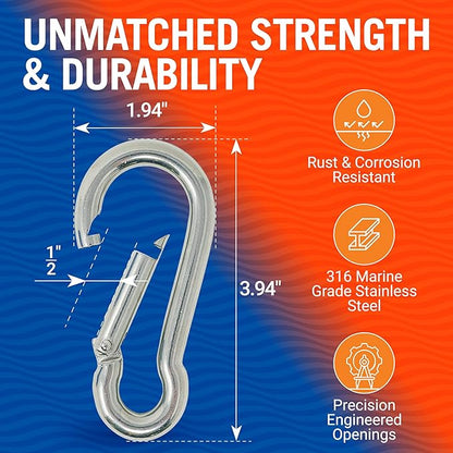 Stainless Steel Carabiner Clip, 4 Pack, 316 Marine Grade, Heavy Duty Spring Snap Hooks, Mini and Large Sizes, 2" to 4" Options