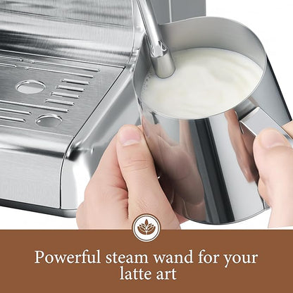 Kndko 20 Bar Espresso Machine with Grinder, Automatic Espresso Maker with PID Control & Milk Frother Steam Wand, Removable Water Tank – Barista-Style Lattes & Cappuccinos at Home (Silver)