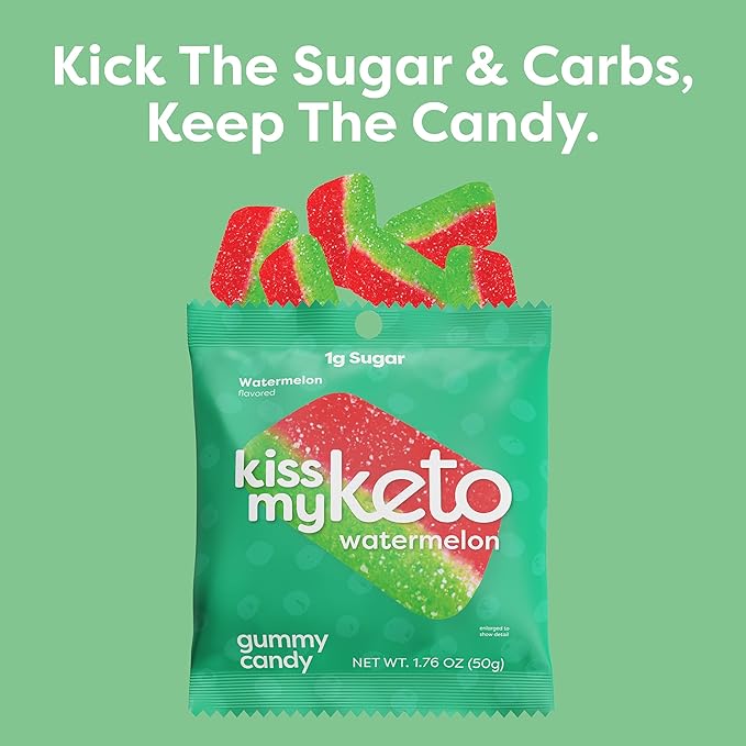 Kiss My Keto Sugar Free Gummies, Gummy Watermelon 12-Pack – Satisfy Cravings while Staying in Ketosis – High Fiber, 3g Net Carbs, Non-GMO, Vegan, & No Gluten – Calorie-Friendly Vegan Candy