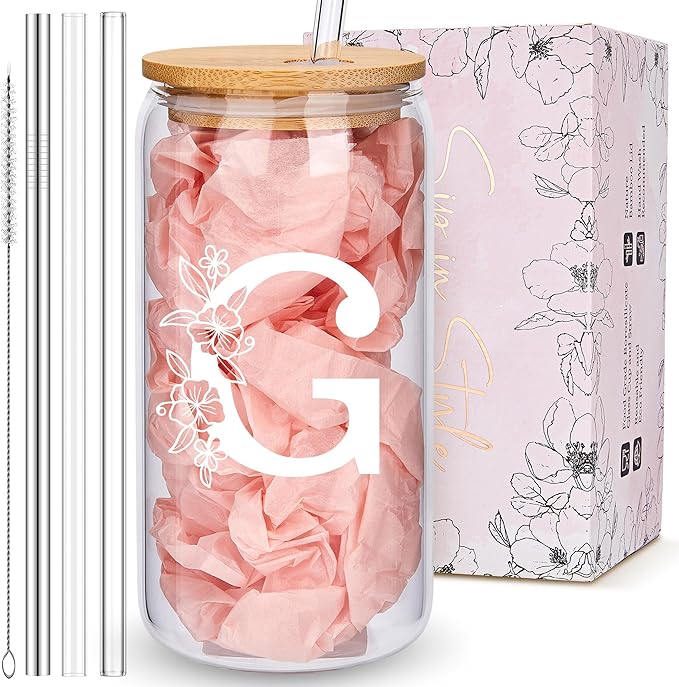 Personalized Tumbler, Monogrammed Can Glass Cups with Bamboo Lids and Straws, Customized Gifts for Women, Cute Design Initial Iced Coffee glasses, Custom Letter Mug, Birthday Bridesmaid, G