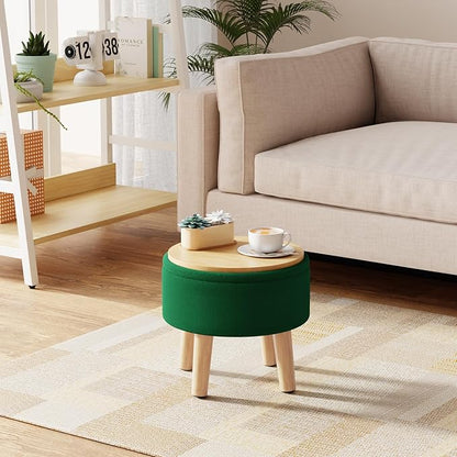 Poofzy Small Ottoman with Storage, Small Foot Stool Ottoman with Wood Legs, Velvet Foot Rest for Couch, Living Room and Bedroom - Dark Green