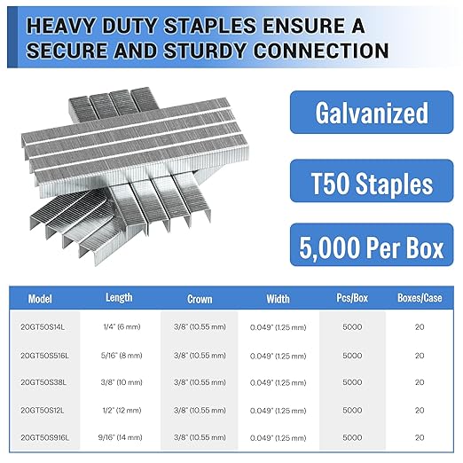 meite T50 Staples, 1/2 Inch Length Heavy Duty Staples for Staple Gun, Galvanized, 20 Gauge 3/8 Inch Crown, Compatible with T50 Staple Gun, Ideal for Upholstery, Construction, Furniture (5,000 Counts)