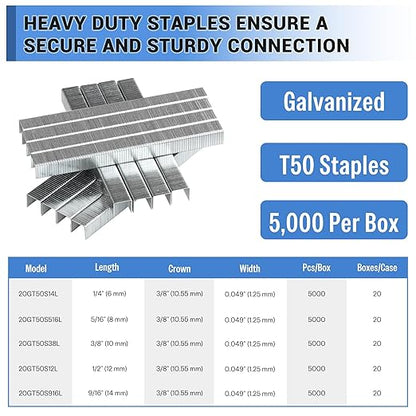 meite T50 Staples, 9/16 Inch Heavy Duty Staples for Staple Gun, Galvanized 20 Gauge 3/8 Inch Crown Staple for Upholstery, Construction, Furniture (1 Case)