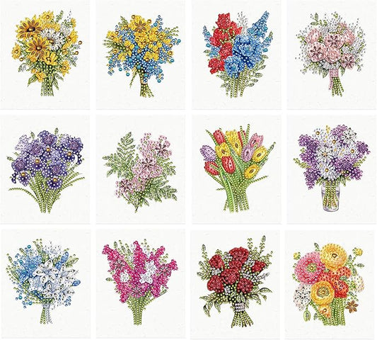 jinglinhh 12pcs Flowers Bouquet Sunflower Diamond Art Painting Greeting Cards with Envelopes, DIY Card Making Kits for Adults, Diamond Art Christmas Cards for Birthday Holiday Postcards Craft Gifts