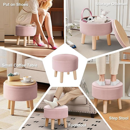 Poofzy Small Ottoman with Storage, Small Foot Stool Ottoman with Wood Legs, Velvet Foot Rest for Couch, Living Room and Bedroom - Pink