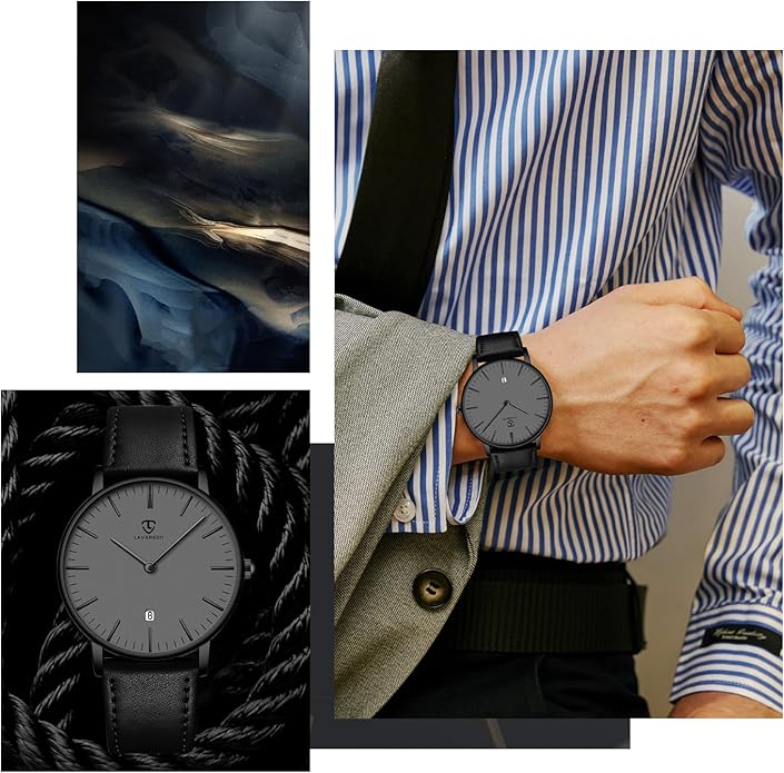 L LAVAREDO Watch for Men, Extremely Thin Mens Watches Minimalist Analog Men's Leather Wrist Watches with Time/Date, Birthday Gift for Men Boyfriend