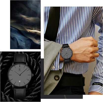 L LAVAREDO Watch for Men, Extremely Thin Mens Watches Minimalist Analog Men's Leather Wrist Watches with Time/Date, Birthday Gift for Men Boyfriend