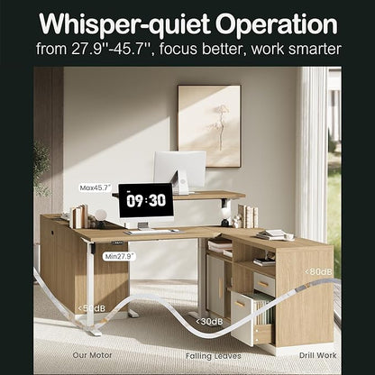 Home Office Furniture Set, 114" Standing Desk with 2 File Cabinets, AC/USB, Extra Long Double Desk for 2 Person, Electric Height Adjustable for Home and Office, Light Walnut